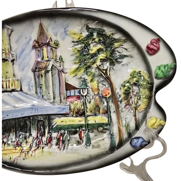 Vintage 10" Hand-Painted Orchardware Ceramic Palette Plate With Paris Scene - Picture 3 of 5